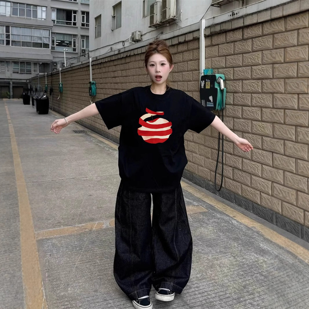 白色纯棉苹果短袖t恤女夏2026新款设计感小众正肩宽松半袖上衣潮