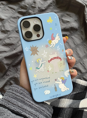 渐变天空蓝守护天使适用于iPhone14手机壳13苹果16promax防摔12全包14pro菲林二合一15硬壳保护套11创意女款