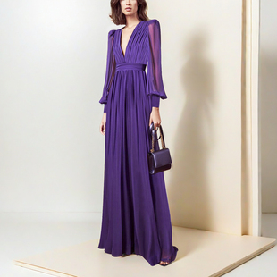 优雅长裙气质礼服 褶皱性感V领裙子长袖 法式 独特紫色连衣裙女修身