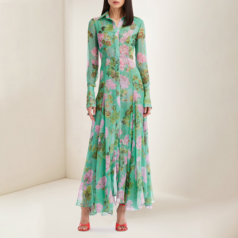 绝美|法式|浪漫水兰色印花长裙