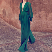 长款 高级感法式 女垂感雪纺裤 裙V领度假裙连衣裤 绿色连体裤 阔腿裤