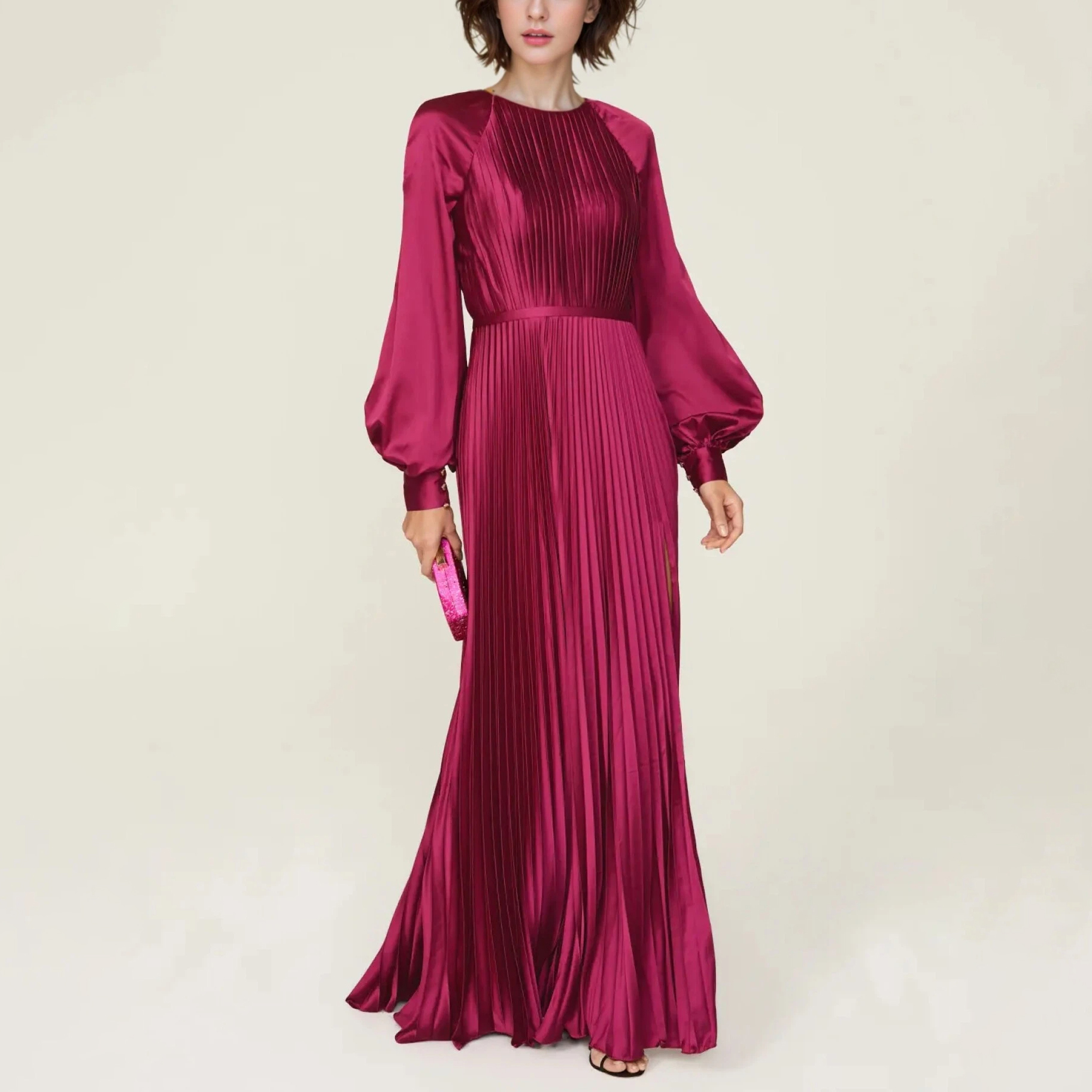 高级感|轻奢|酒红色缎面百褶长裙