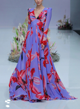 绝美法式紫色连衣裙女收腰v领大摆碎花长裙富家千金小洋装礼服裙