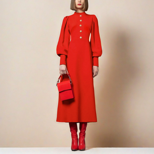 长袖 轻奢小众中式 长裙时尚 灯笼袖 气质晚礼服秋冬 红色连衣裙女修身