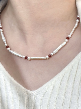 纯银巴洛克珍珠红玛瑙拼接锁骨链