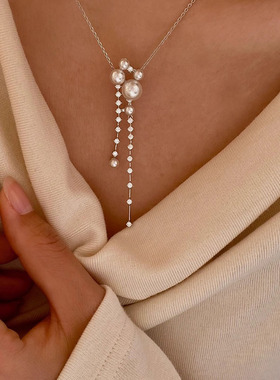 纯银璀璨星河珍珠流苏长项链银饰