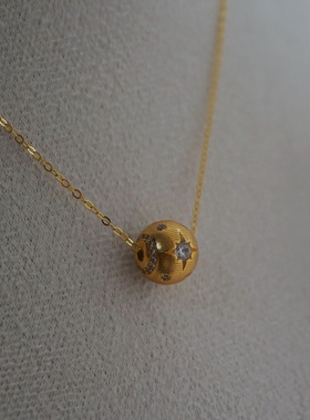 小众复古拉丝鎏金球项链 S925纯银星芒圆球小金球锁骨链chocker女