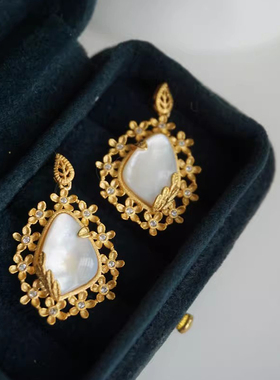 复古vintage花簇白贝母耳环 S925纯银复古拉丝甜美花瓣水滴耳钉女