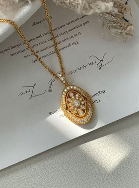 纯银复古布契风四叶草椭圆形项链