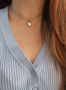 欧美小众简约巴洛克珍珠项链 S925纯银不规则珍珠蛇骨项链毛衣链