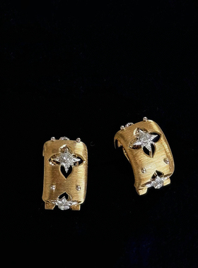 复古布契拉丝耳环 925纯银镀金法式镂空四叶草耳圈小众高级感耳钉