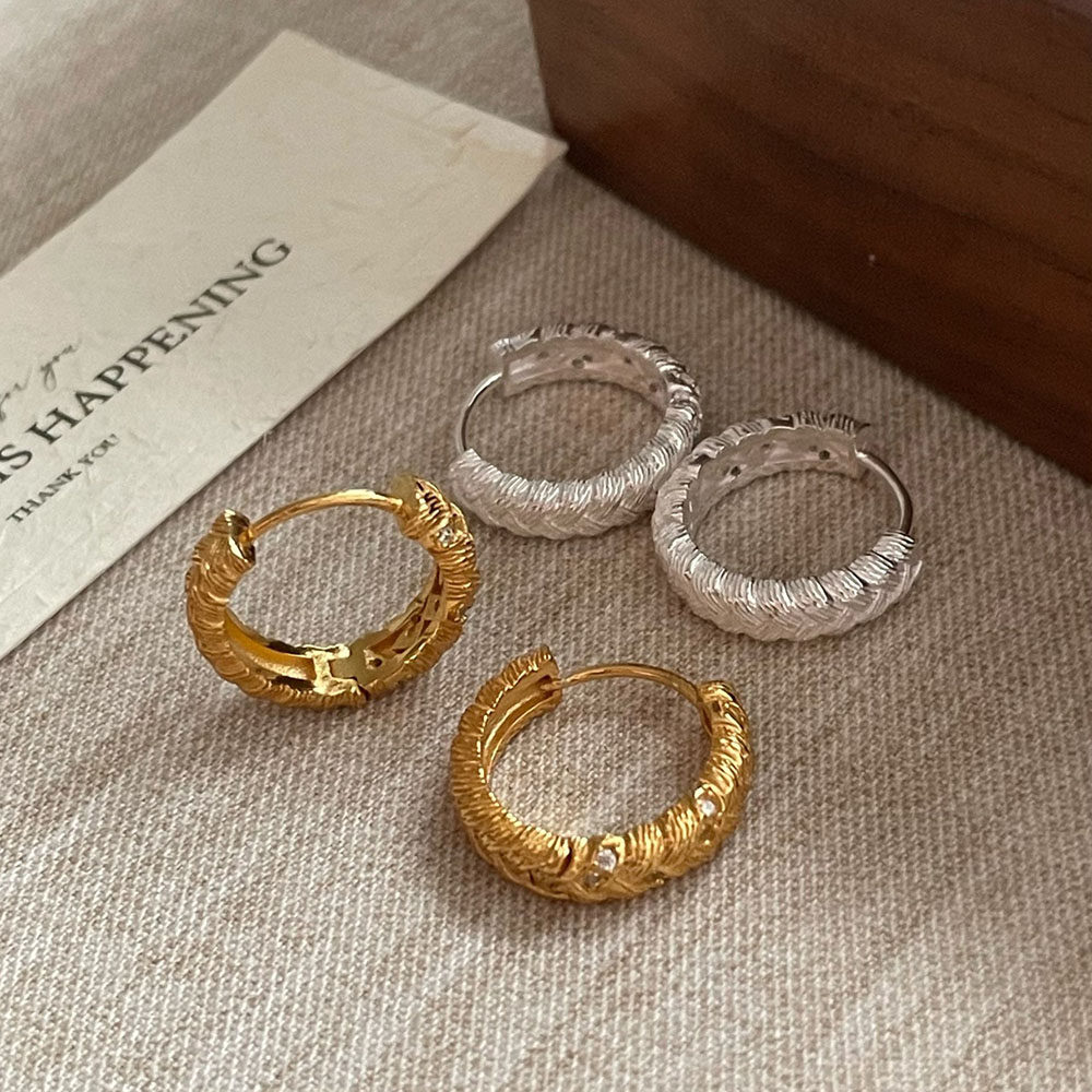 小众轻奢复古麦穗编织圆形耳圈 S925纯银拉丝麻花绳结耳环耳扣女
