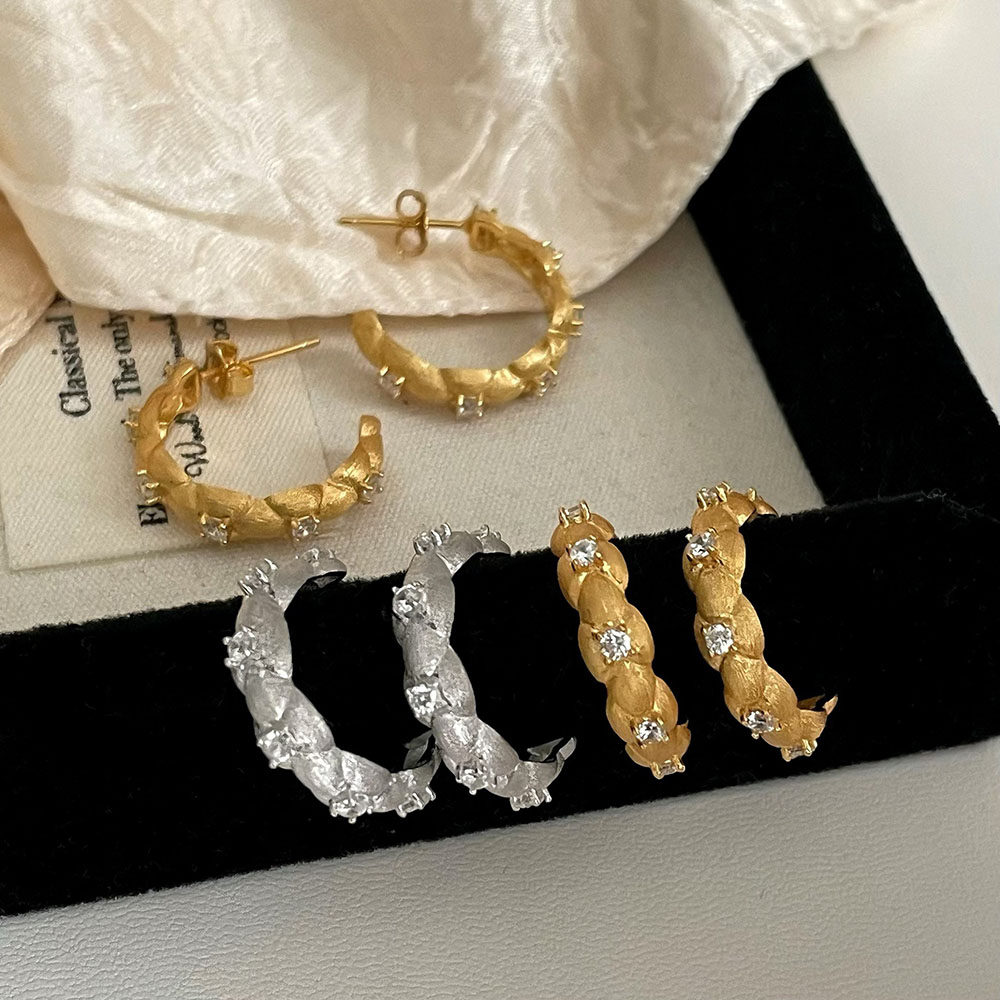 轻奢老钱风编织绳结耳圈 S925纯银小众欧美复古拉丝麻花C形耳环女