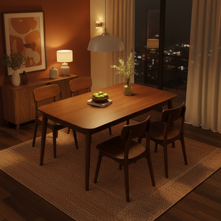 实木餐桌家用小户型黑胡桃色大板桌简约吃饭桌子长方形餐桌椅组合