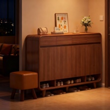 实木圆角鞋柜家用门口新中式入户门鞋架收纳柜一体靠墙走廊储物柜