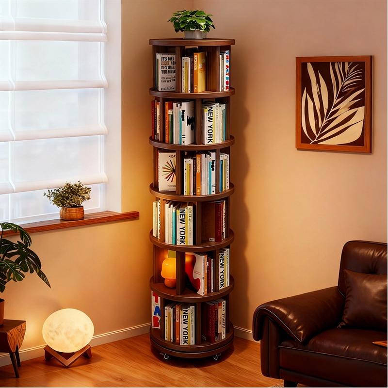 全实木旋转书架靠墙可移动收纳架