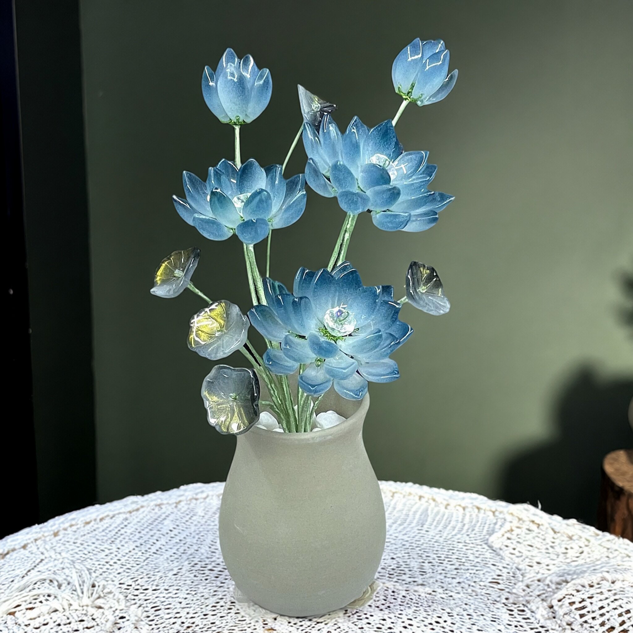 高档琉璃手工荷花】仿真花佛堂供佛莲花新中式客厅简约件假花盆栽