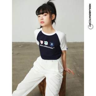 NSSLAB 印花圆领短袖 原创潮流国潮拼色小花T恤 修身 上衣女 短款