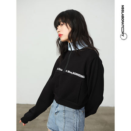 【NSSLAB】原创国潮潮牌全棉街头宽松休闲半拉链短款拼接情侣卫衣