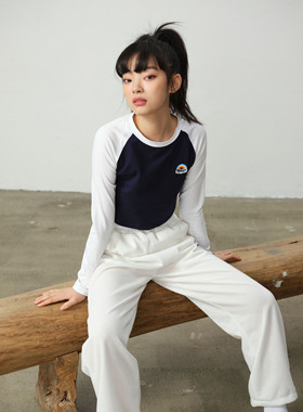 【NSSLAB】原创国潮早春拼色彩虹印花长袖T恤打底衫套头短款上衣