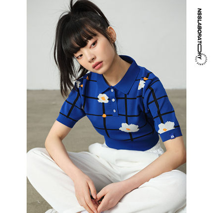 【NSSLAB】原创国潮潮牌格纹小花针织Polo短袖T恤 修身显瘦短上衣