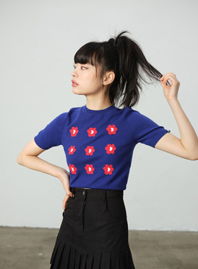 【NSSLAB】原创国潮九宫格圆领针织小花T恤 减龄修身显瘦短款上衣