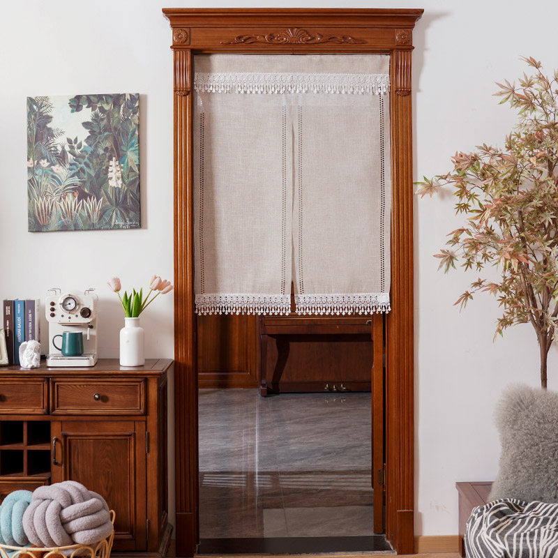 日系棉麻门帘家用免打孔蕾丝半帘隔断帘子布艺卧室厨房柜子遮挡帘