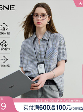 KBNE衬衫女蓝色格子气质上衣2025夏季新款纯棉MIU风格纹衬衣上衣