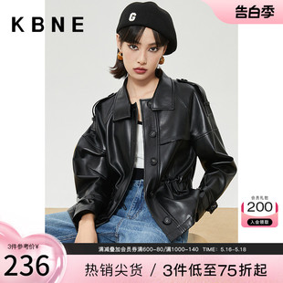 皮衣外套女kbne2023冬季 复古机车皮夹克 黑色美式 新款