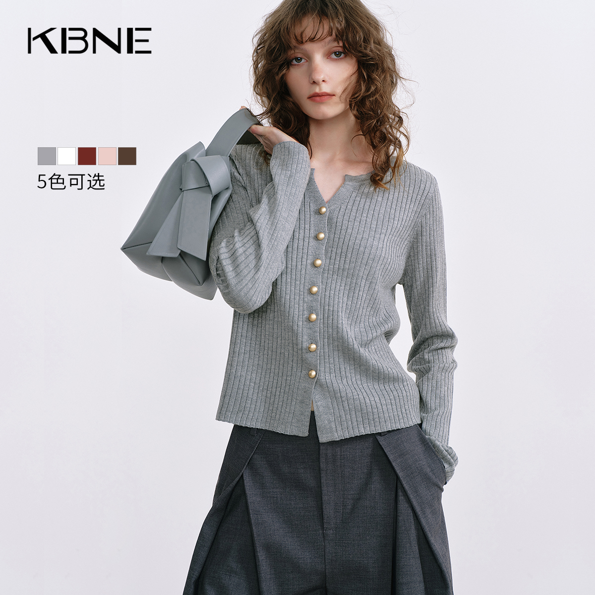 KBNE灰色毛针织衫女V领显瘦2025秋季新款重工设计小个子百搭上衣