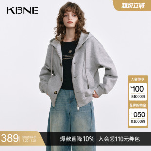 上衣 KBNE呼吸棉两穿针织连帽开衫 25秋季 新款 灰色短外套女气质长袖