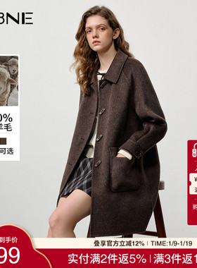 【100%绵羊毛】KBNE2025冬季新款方形牛角扣中长款羊毛毛呢大衣女