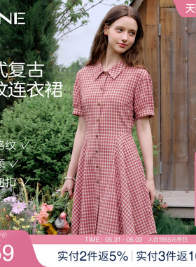 KBNE法式红色格纹连衣裙女2026夏季新款小个子翻领短袖收腰裙子
