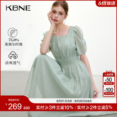 KBNE方领法式2025夏季新款设计感收腰气质显瘦薄纱薄荷绿连衣裙子