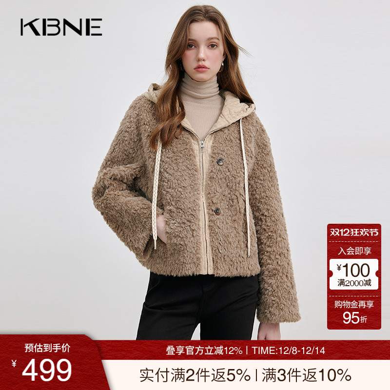 毛绒短款长袖连帽毛毛外套kbne2025气质秋冬新款仿皮草毛衣女装