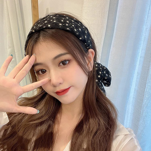 黑色雏菊刺绣头箍后挂式发箍发带一体飘带系带宽边超仙蕾丝压发