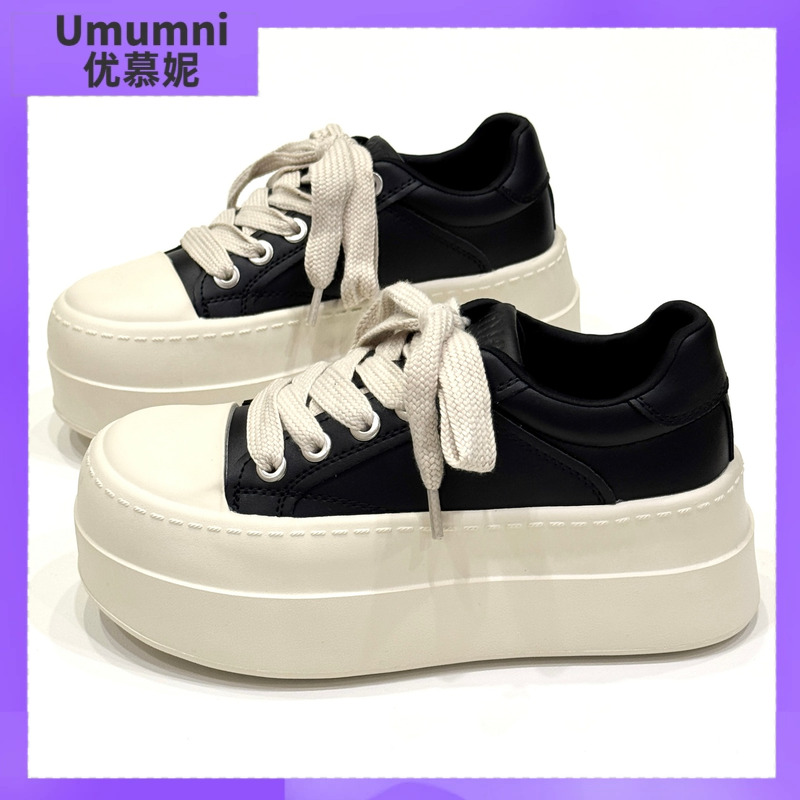优慕妮休闲增高黑白牛皮小白鞋女
