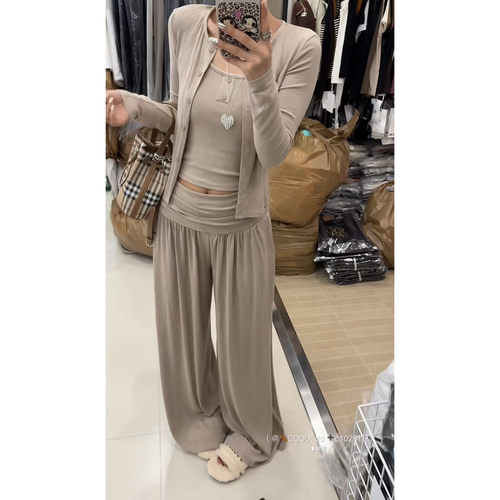 韩版吊带针织开衫+微喇裤三件套女气质时尚防晒穿搭套装女