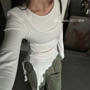 2025冬季新款修身显瘦不规则飘带假两件纯色长袖T恤打底衫