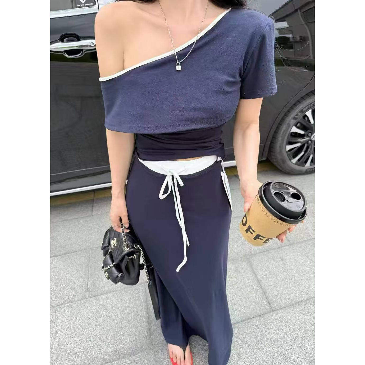 2026夏季新款斜肩短袖T恤+休闲半身裙长裙套装两件套女