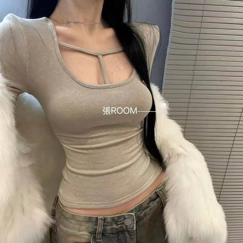 纯欲磨毛绒U领打底衫女2025秋冬新款韩版修身显瘦T恤辣妹百搭上衣