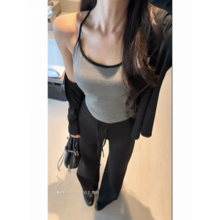 休闲时尚套装女洋气百搭开衫+吊带+直筒裤慵懒风莫代尔运动三件套