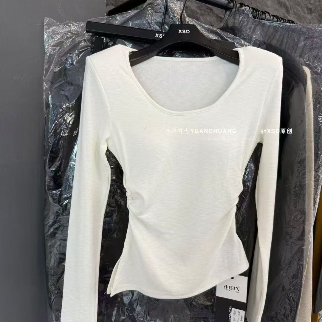 冬新款韩版U领带胸垫修身皱褶掐腰侧开叉加绒垫肩打底衫潮