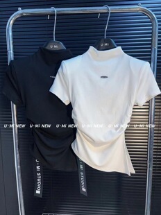 2025春夏新款韩版修身显瘦弹力棉薄高领气质百搭打底衫短袖T恤女