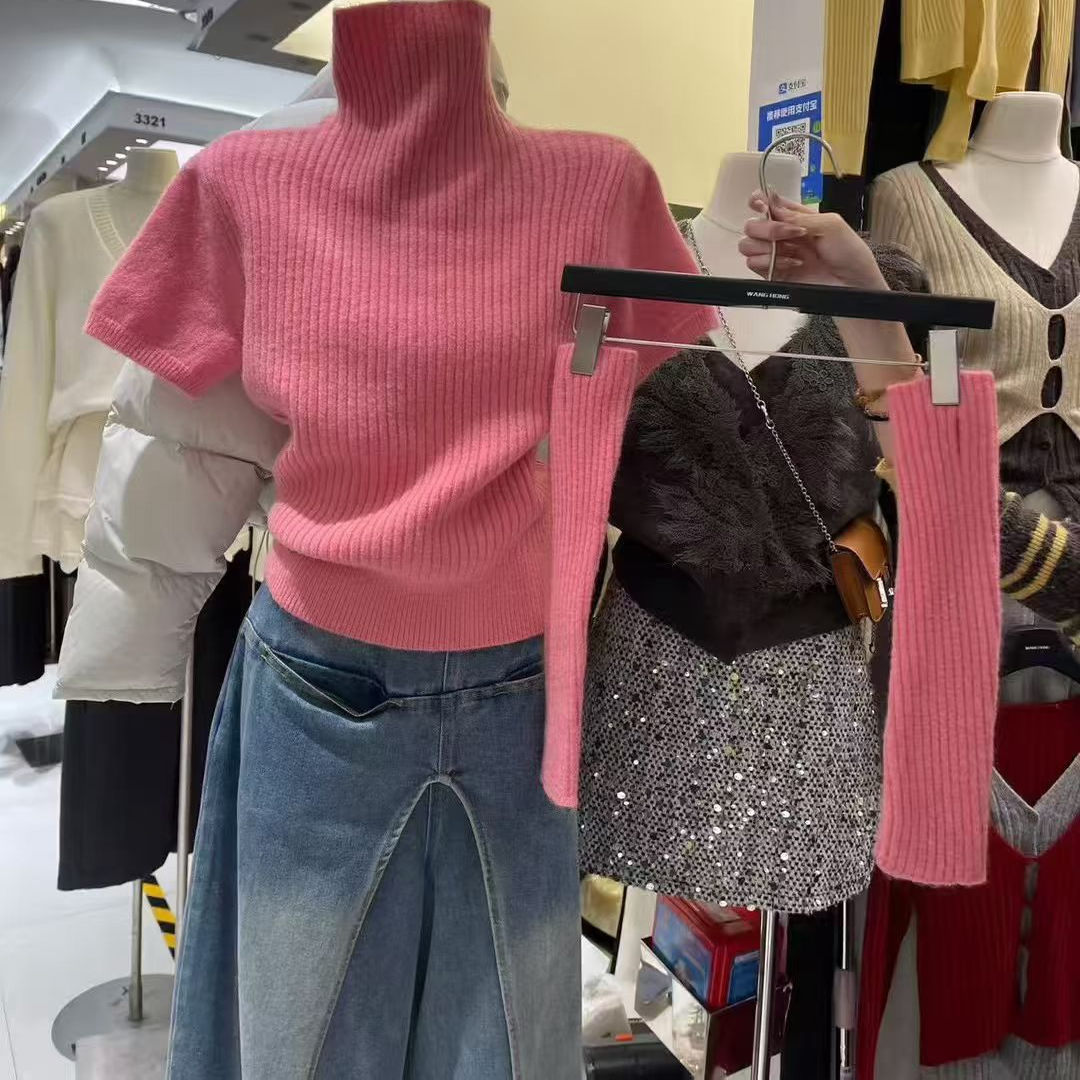 高领可拆卸长袖针织衣女2025冬季新款宽松百搭套头纯色时尚上衣潮