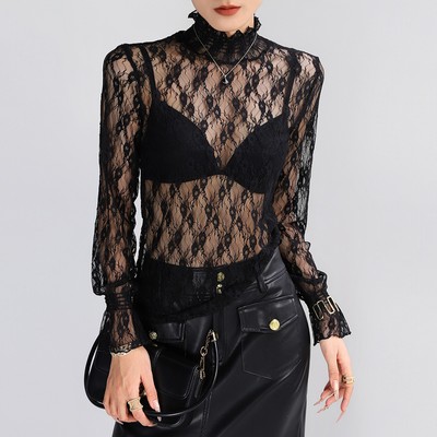 蕾丝打底衫女内搭高领黑色