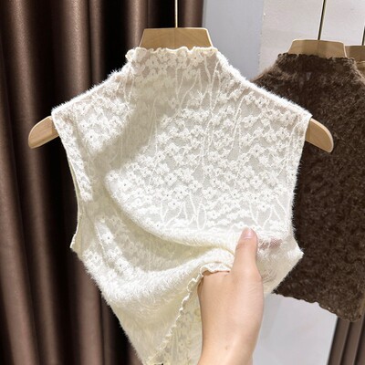 法式磨毛蕾丝半高领无袖打底背心
