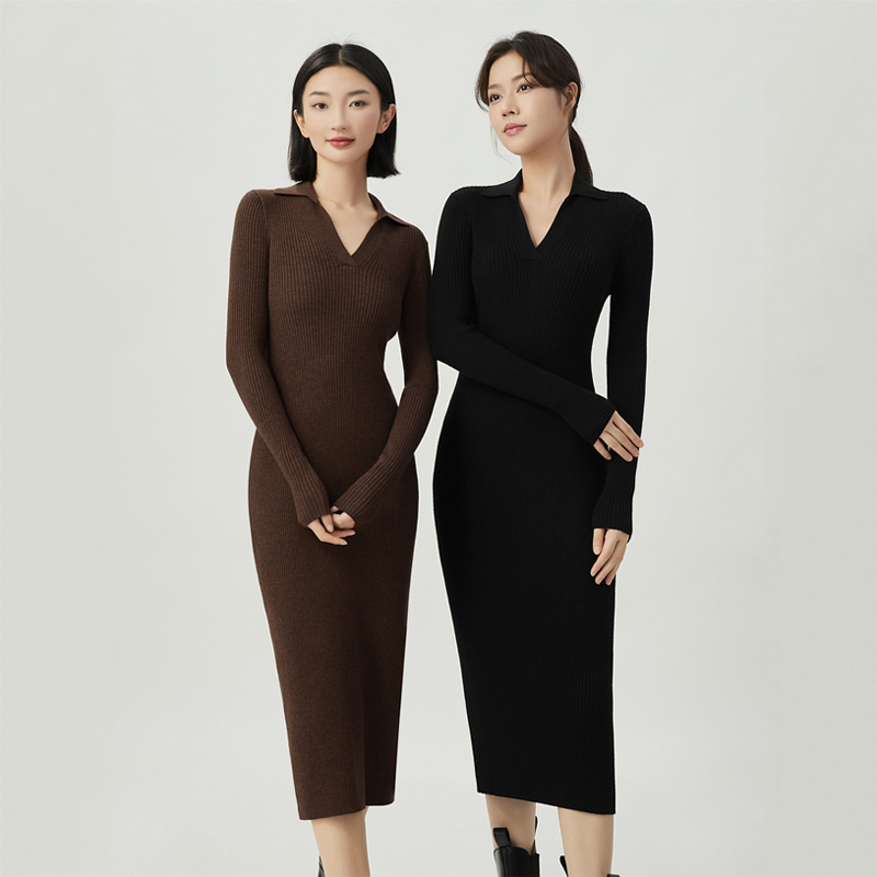 白领哥弟新2023秋季新款羊毛V型翻领针织长裙洋装连衣裙女A500281