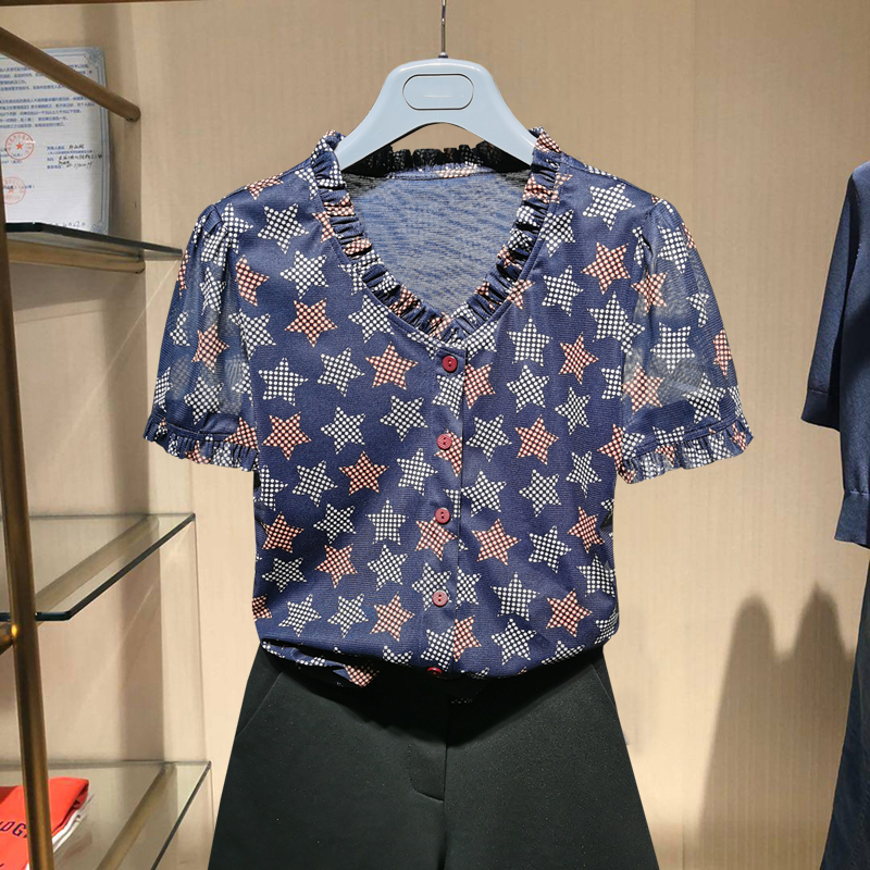 白领哥弟新款2023夏装复古网纱短袖衬衫女木耳边印花v领打底上衣
