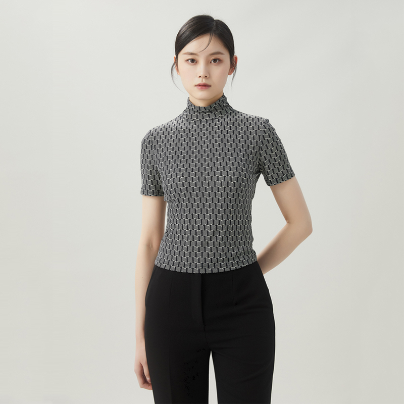 白领哥弟新款2023秋装半高领印花菱格网纱短袖T恤女上衣薄1300910
